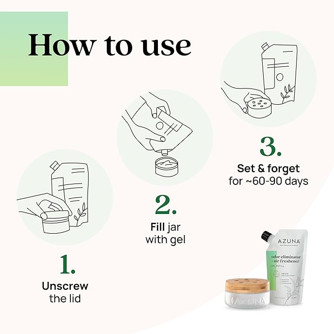 Azuna Air Freshener & Odor Eliminator for Strong Odor | 1 Room Kit Includes (1) Empty Luxe Glass Jar & 8oz Refill with Tea Tree Essential Oil Gel | Natural Scent | Last 60-90 Days