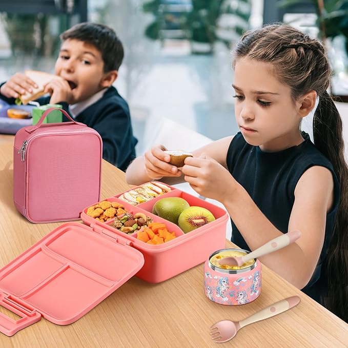 Bento Lunch Box for Kids With 8oz Soup Thermo,Leak-proof Lunch Containers with 5 Compartment,Thermos Food Jar and Lunch Bag, Food Containers for School (A-Pink(Fantasy Unicorn))