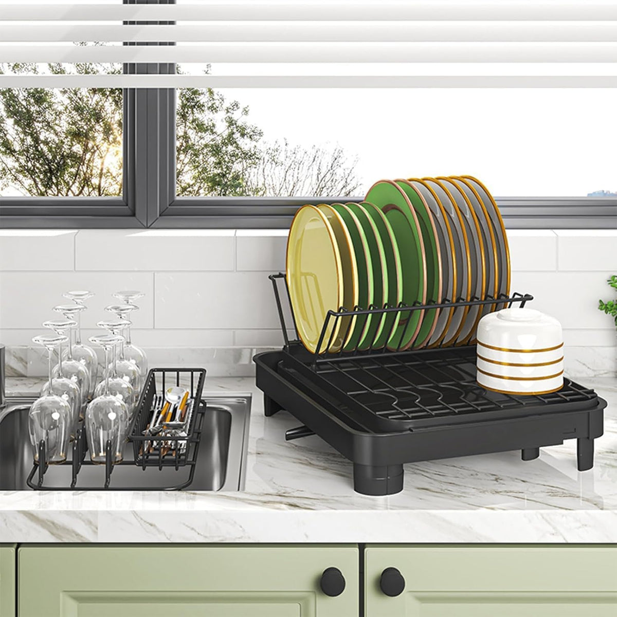 LEMIKKLE Dish Drying Rack, Large-Capacity Dish Drainer with Cutlery Holder Rotatable Water Drainer for Kitchen Counter,20.5" D x 16.1" W x 5.5" H