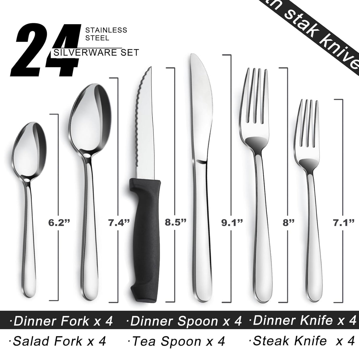 Pleafind 24-Piece Silverware Set - Stainless Steel Flatware with Steak Knives, Forks, Spoons, Knives - Dishwasher Safe for Home or Restaurant