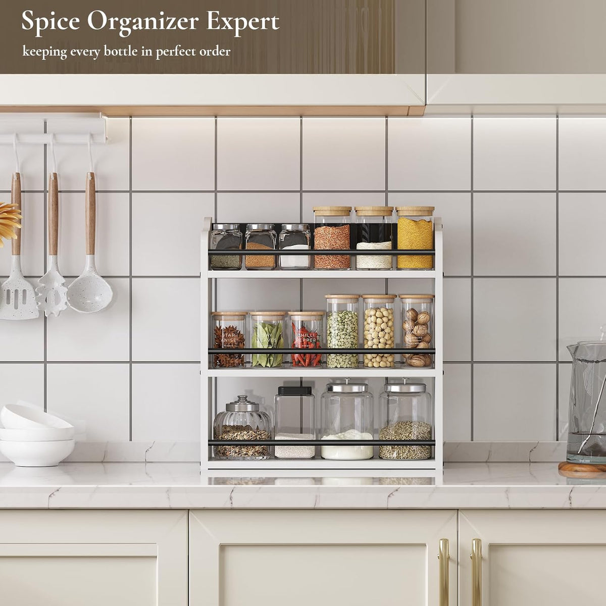 3 Tier Wooden Spice Rack, Seasoning Jars Rack Shelf Spice Organizer for Countertop or Wall Mount, Vertical Spice Holder for Kitchen Counter, Cabinet, Pantry, White