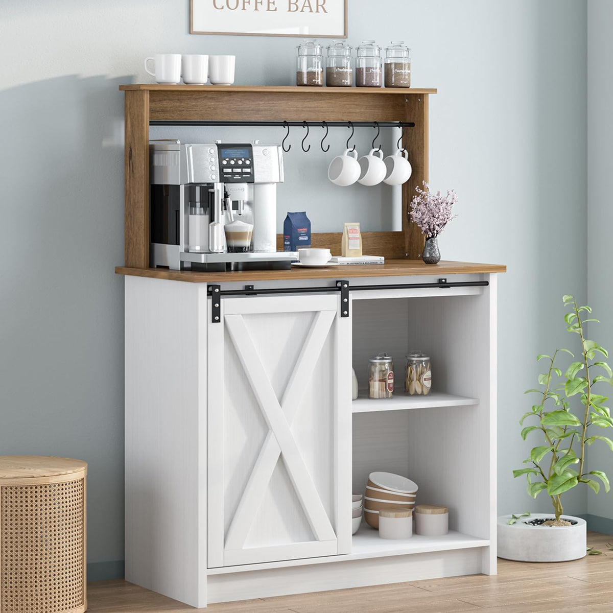 4ever2buy Farmhouse Coffee Bar Cabinet with Storage, White Coffee Bar with Hutch and 6 Hooks, 31.5 Inch Hutch Cabinet with Sliding Barn Door and Adjustable Shelves for Living Room