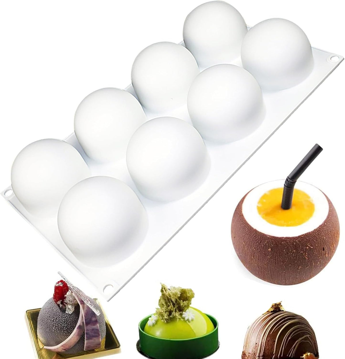 OCPO KITCHEN 3D Sphere Silicone Mold for Baking Mousse Cake Candy Pastry Chocolate Truffle Jelly Cookie Pudding, Ball Shape (8-Cavity)