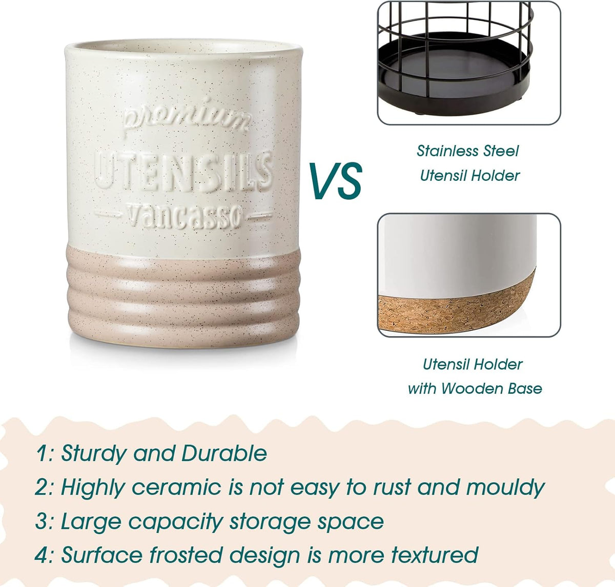vancasso Sabine Utensil Holder, 7.2" Large Utensil Crock for Kitchen Counter, Ceramic Utensil Crock Storage, Matte Cream-Colored Farmhouse Utensil Organizer, Utensil Storage for Home Décor, Gifts