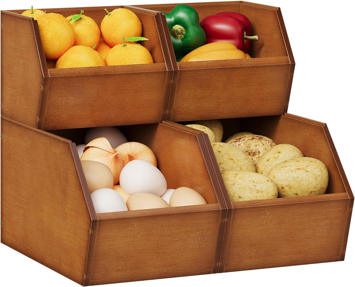 2 Set Bamboo Pantry Storage Bins Wood Stackable Baskets Potato and Onion Storage Bins Fruits Vegetable Bread Organization for Kitchen Counter