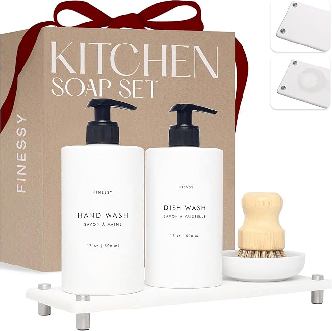 Luxe White Kitchen Soap Dispenser Set with Tray and Dish Brush, Refillable Hand and Dish Soap Dispenser Set Bottles with Pump for Lotion Handsoap Liquid Dishwashing Kitchen and Bathroom Countertop Set