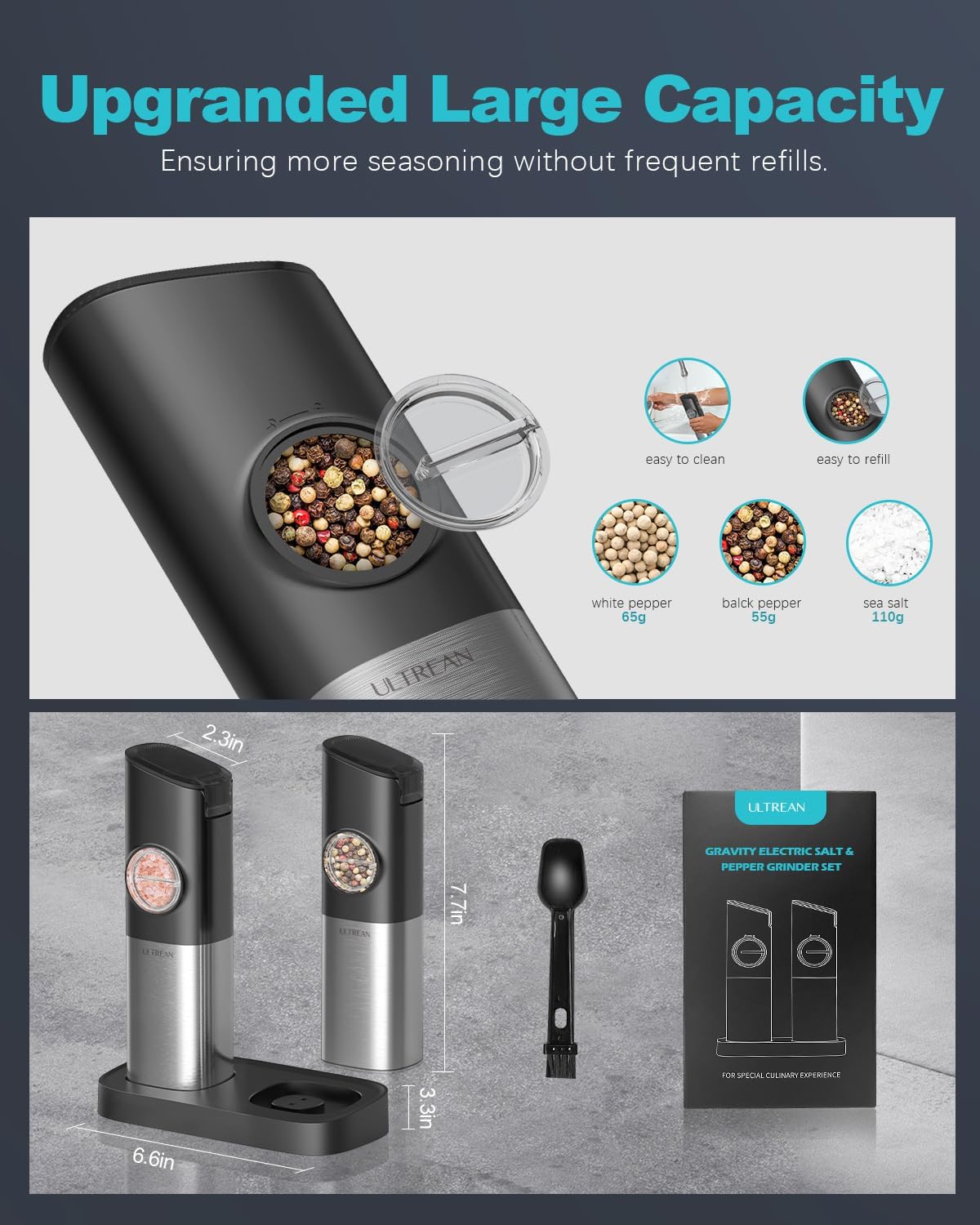 Ultrean Pepper Grinder, Rechargeable Gravity Salt and Pepper Grinder with 6 Adjustable Coarseness, LED Light, One-Hand Automatic Operation, Stainless Steel, Gifts for Father‘s Day