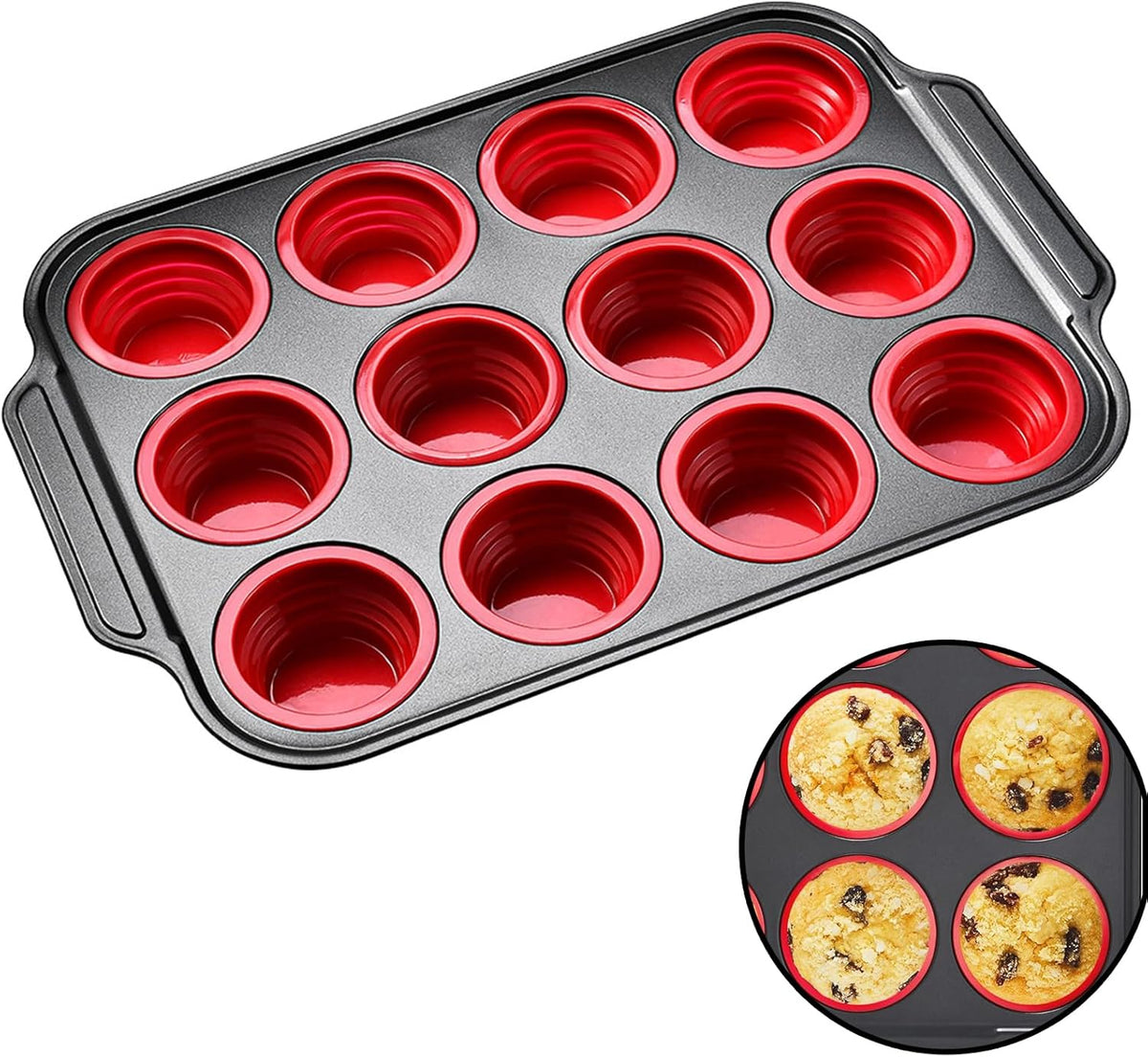 Silicone Muffin Pan with Metal Frame, Egg Bite Maker Silicone Molds for Baking, Cupcake Pans 12 Regular Size, Muffin Tins Easy to Pop Nonstick Bakeware for Oven (Red)