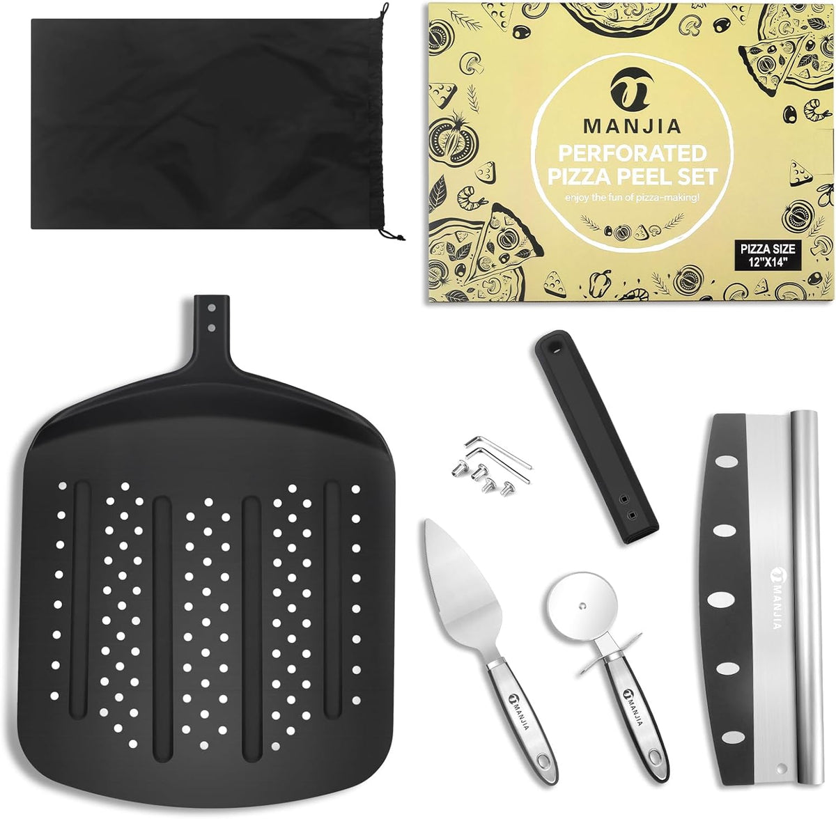 MANJIA Perforated Pizza Peel Aluminum 12 Inch Pizza Paddle Spatula Non-stick Metal Pizza Paddle with Rocker Cutter (12"x 14") Pizza Spatula Paddle Set for Family Homemade Baking Pizza Oven (black)