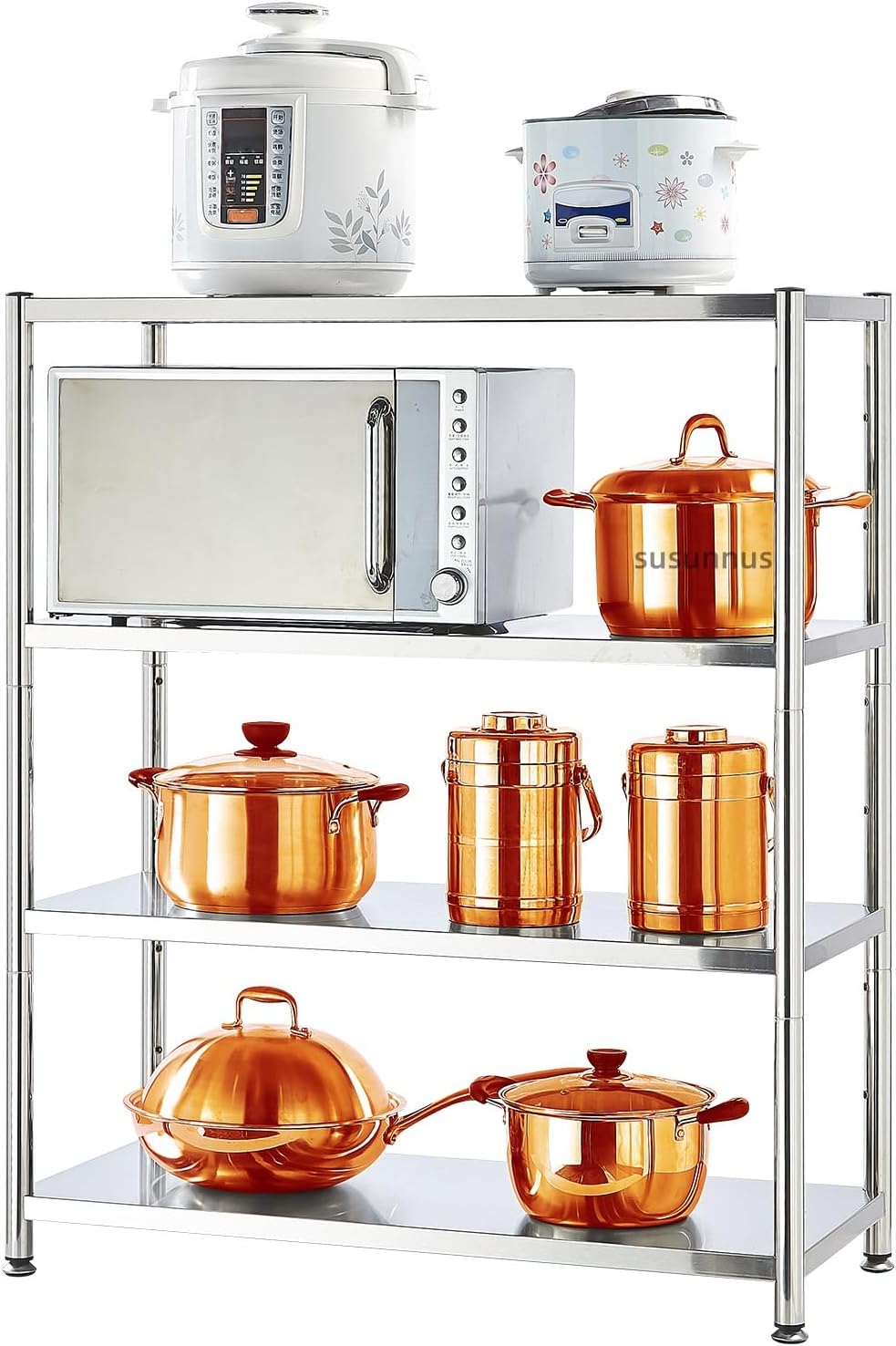 susunnus 4-Tier Stainless Steel Shelf, Heavy Duty Shelving for Kitchen, Garage, Industrial Storage, Kitchen Shelves Adjustable Feet, Easy to Clean(35.8in*15,8in Without Guardrails)