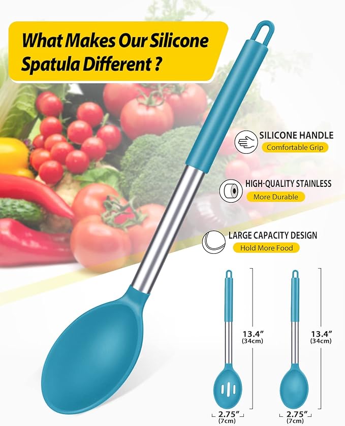 Pack of 2 Large Silicone Cooking Spoons,Non Stick Solid Basting Spoon,Heat-Resistant Kitchen Utensils for Mixing,Serving,Draining,Stirring (BLUE)
