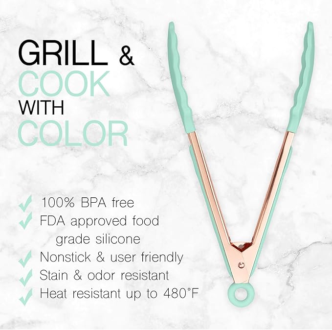 COOK WITH COLOR Stainless Steel Silicone Tipped Kitchen & BBQ Tongs Set, 2 Pc Tongs, Green