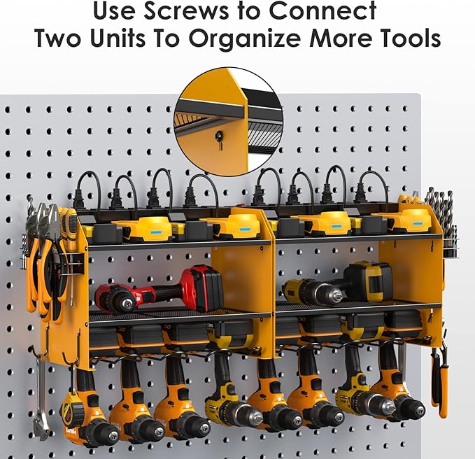 CCCEI Modular Power Tool Organizer Wall Mount with Charging Station. Garage Drill Storage Shelf with Hooks, Heavy Duty Rack, Tool Battery Holder Built in 8 Outlet. Gift for Men. Yellow, 2 Pack.