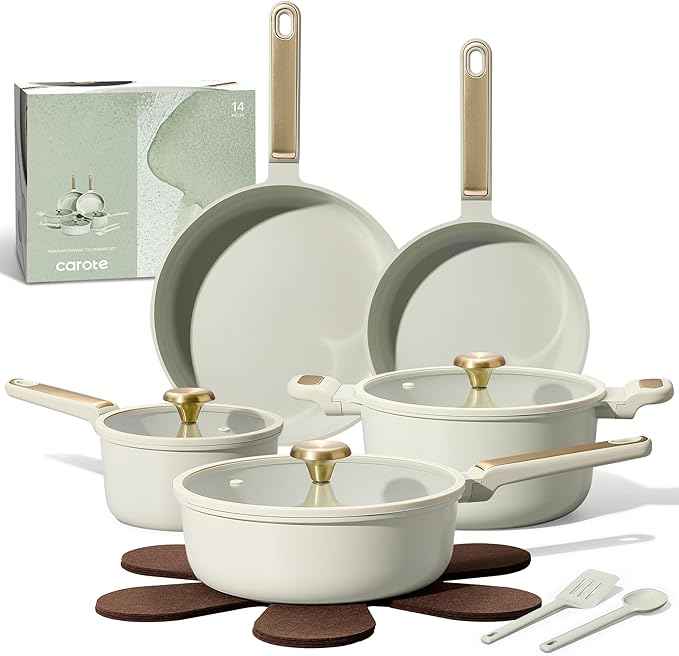 CAROTE Ceramic Cookware Set Nonstick, 14pcs Pots and Pans Set Nonstick, Non-Toxic & PFAS-Free, Dishwasher, RV/Camping Cookware Set, Cooking Pots with Lids, Sage Green