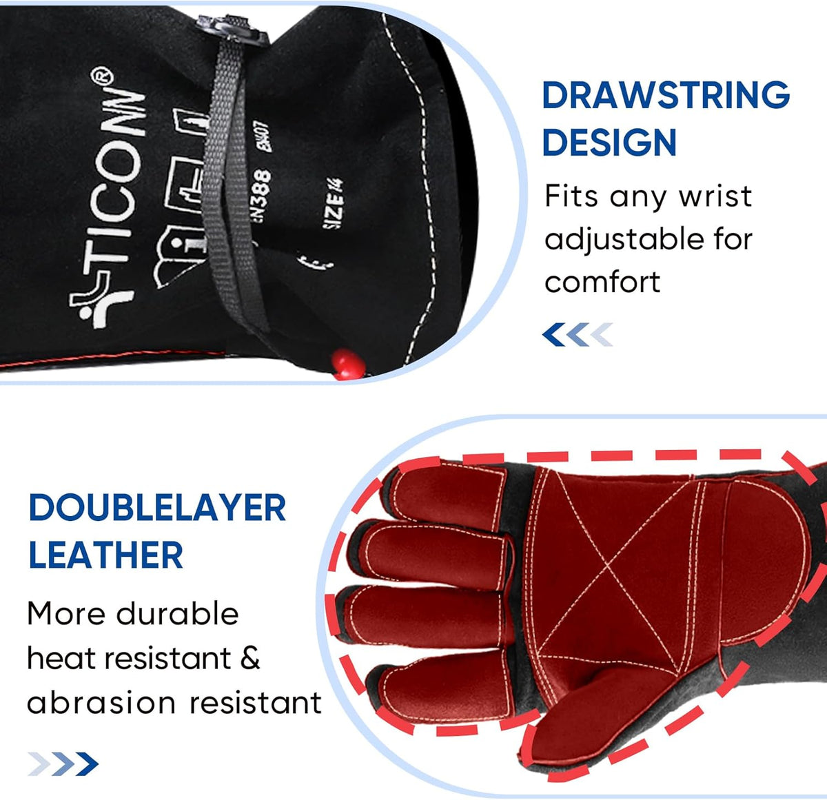 TICONN Welding Gloves, 16 IN L/XL/XXL 1000°F Heat-Resistant Fireproof Leather Gloves for Welders, Stick, Forge, Mig, Tig, BBQ