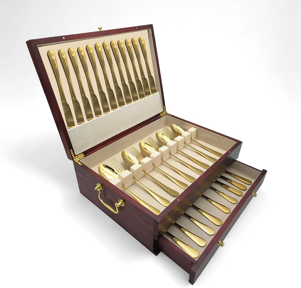 Silverware Storage Box, Kitchen Drawer Organizer, Drawer-containing flap-type storage box, Wood Chest, with Tarnish Proof Felt Lined, Storage Silver Chest for Kitchen (2 layer)