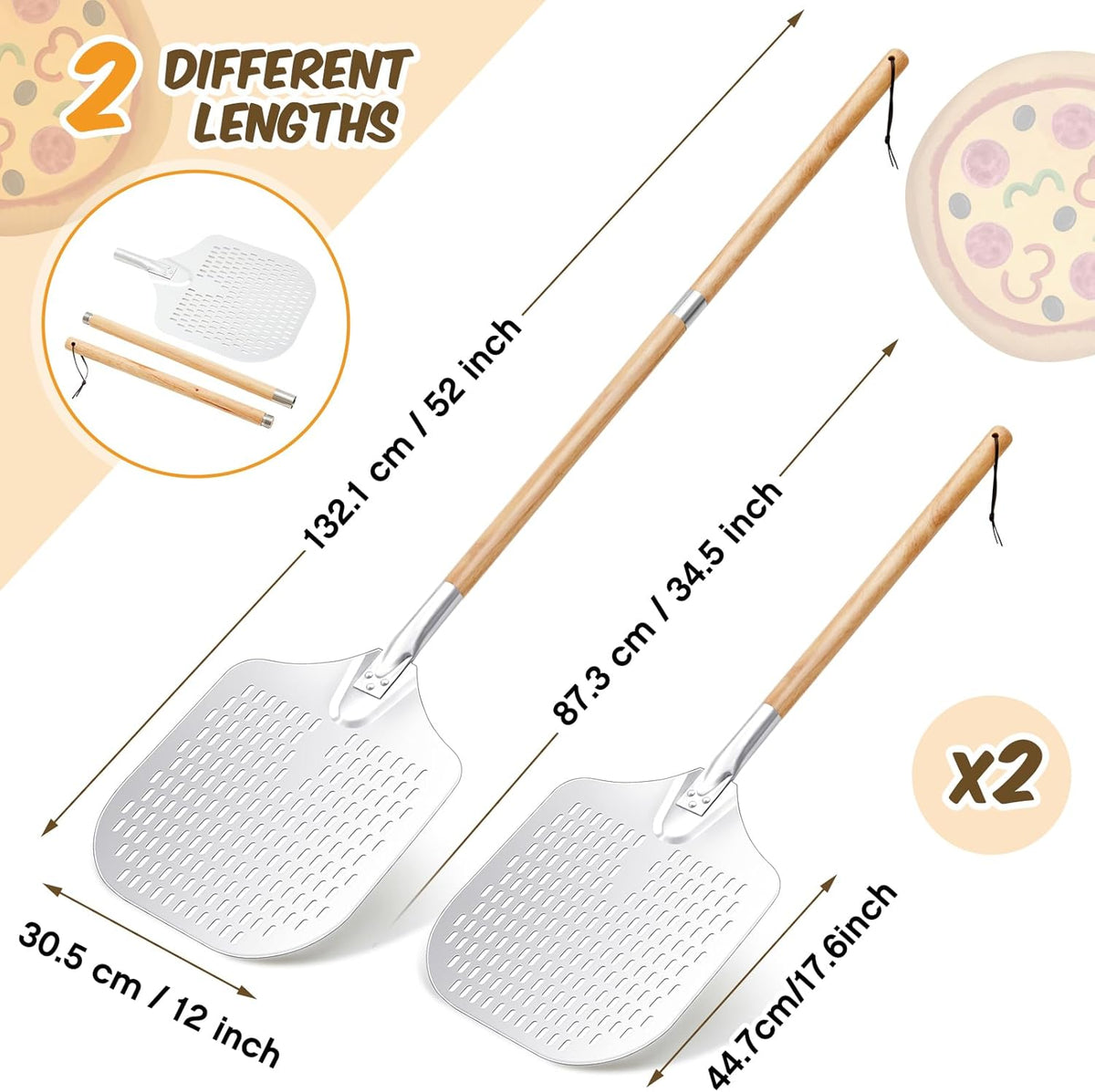 Maxdot 2 Pcs Perforated Pizza Peel 12 x 14 Inch Aluminum Pizza Spatula with Detachable Wood 52-inch Long Extendable Handle for Baking Homemade Pie Bread
