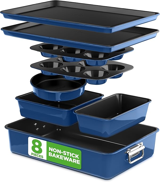 NutriChef 8-Piece Nonstick Stackable Bakeware Set - PFOA, PFOS, PTFE Free Baking Tray Set w/Non-Stick Coating, 450°F Oven Safe, Round Cake, Loaf, Muffin, Wide/Square Pans, Cookie Sheet (Blue)