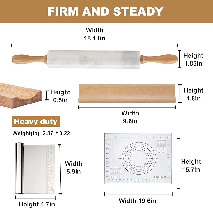 Koville African Natural Marble Rolling Pin, Non-Stick Polished Dough Roller, Pasta, Dumpling, Fondant, Pie Crust, Bread, Pizza Dough, Kitchen Baking Pastry Tools with Mat/Scraper（Namib Fantasy）