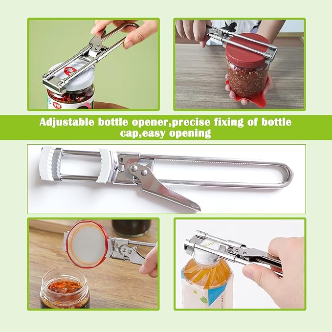 Jar Opener for Weak Hands - Removes Tight Jar Lid for Seniors with Arthritis - Adjustable Jar Opener - Multi Opener Set with Jar Opener Gripper Pad and Bottle Opener Keychain