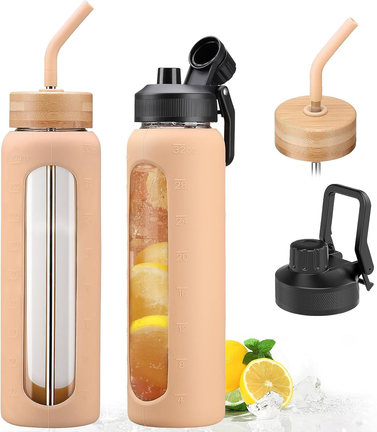 32oz Glass Water Bottle with Straw and 2 Lids- Bamboo Straw and Spout Lid with Phone Holder for Gym, Glass Drinking Bottles with Silicone Sleeve and Motivational Time Marker, Amber