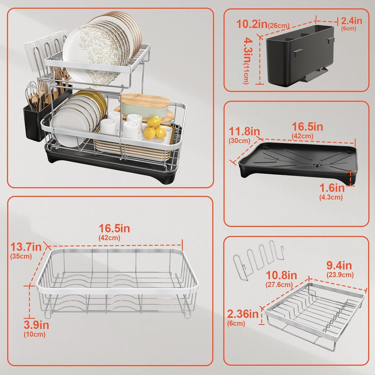 2-Tier Dish Drying Rack for Kitchen Counter, 304 Stainless Steel with Adjustable Drainboard, Removable Utensil Holder & Water Filter Tray, Black