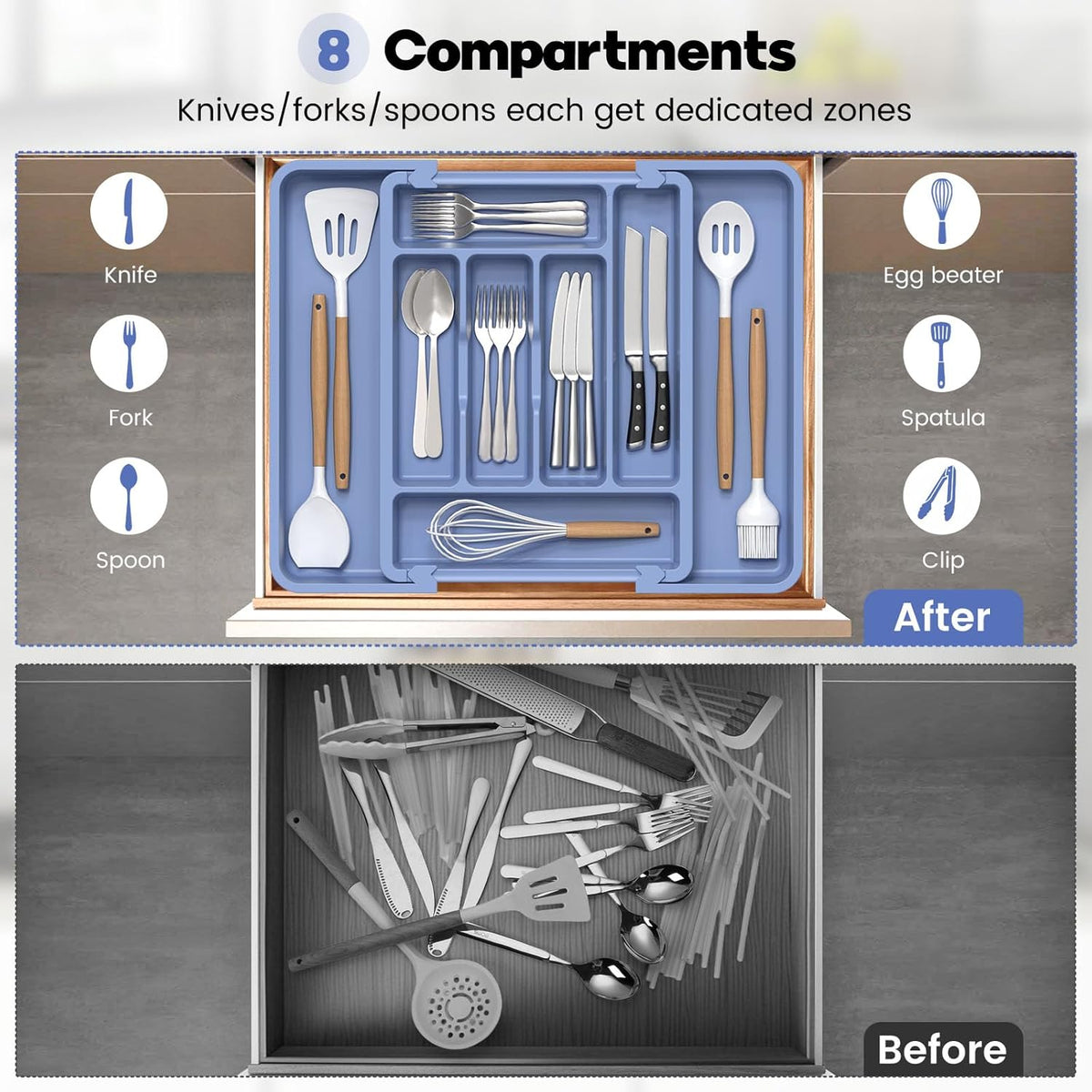 Caperci Large Silverware Organizer for Kitchen Drawer & Utensils - Expandable Drawer Organizer for Cutlery, Flatware & Gadget, BPA-Free Thick Plastic, Wider Compartments & Non-skid Feet (Breezy Blue)