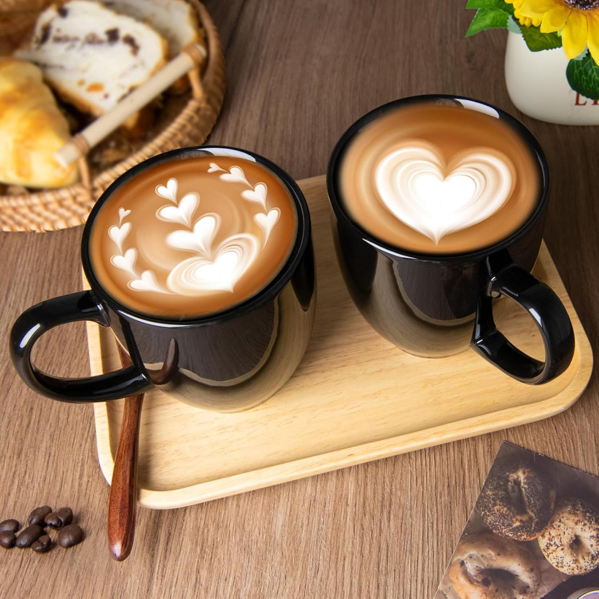 Set of 2 Durable 16 oz Coffee Cups, Large Black Coffee Mugs with Ergonomic Handle, Ceramic Mugs Dishwasher & Microwave Safe, Ideal Tea Mugs for Home, Office, Gifts (Coffee, Tea, Hot Cocoa, Latte Cup)
