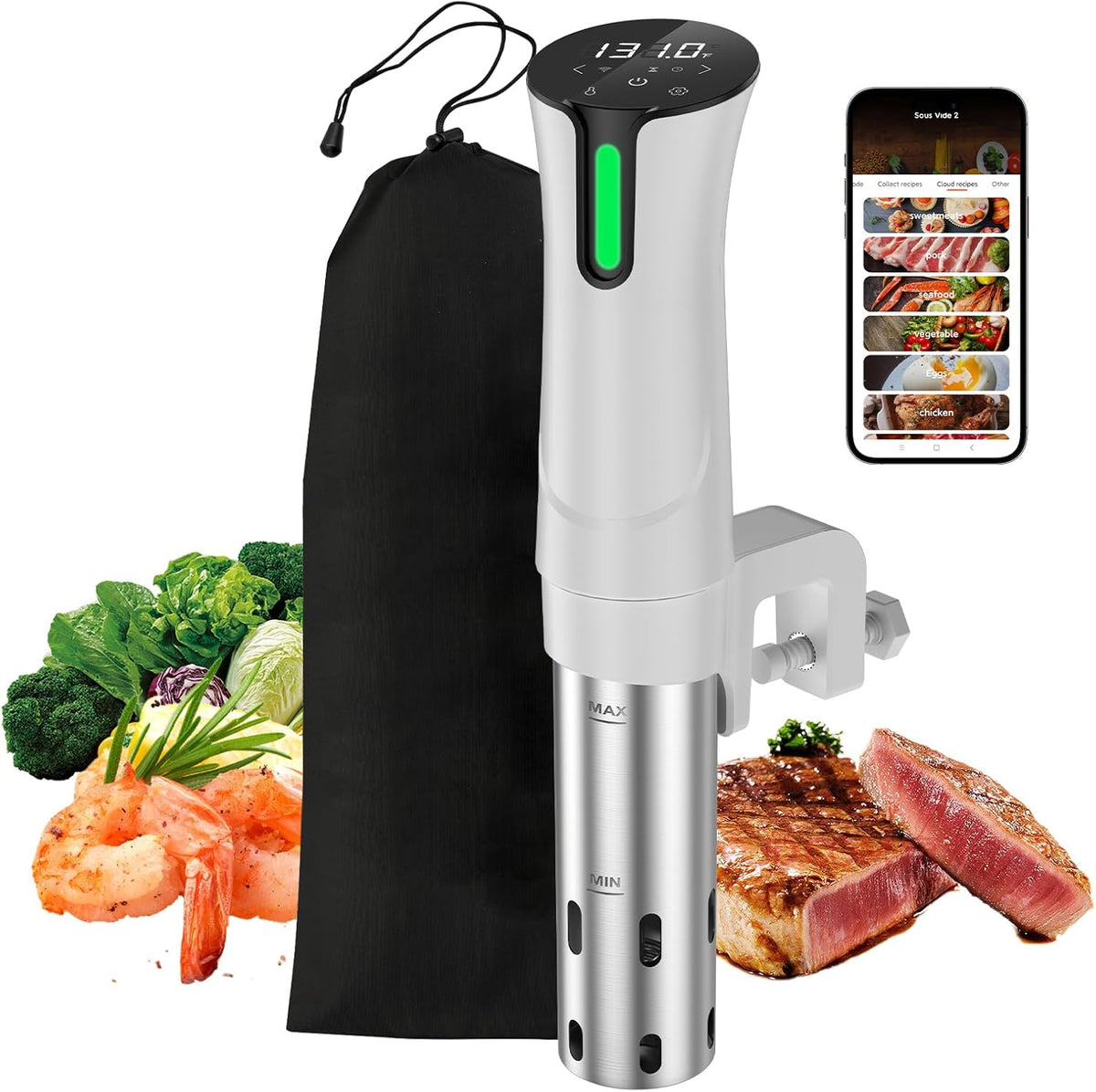 5G WIFI Sous Vide Machine|1100 Watts Sous Vide-Precision Cooker with Bag, Recipes| Thermal Immersion Circulator, Fast Heating with Accurate Temperature and Timer, LED Touch Screen/APP Control,White