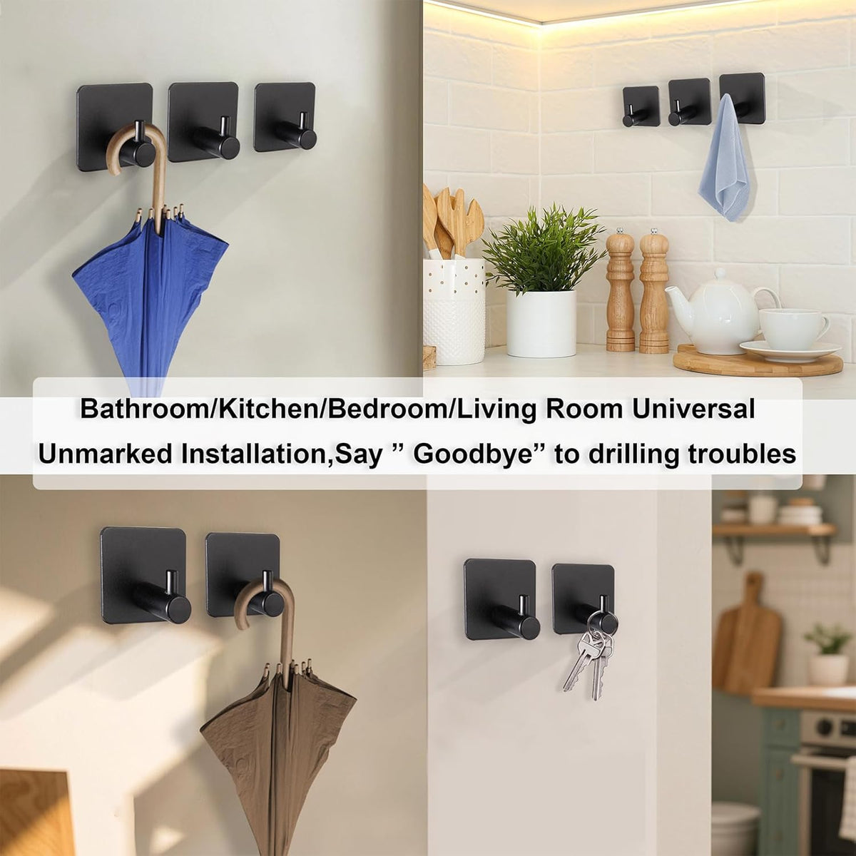 Aluminum Wall Hooks, No Drill Damage-Free Adhesive Hook, Product for Hanging Heavy Duty for Bathroom Kitchen Home (Single Square Black Hook, 4)