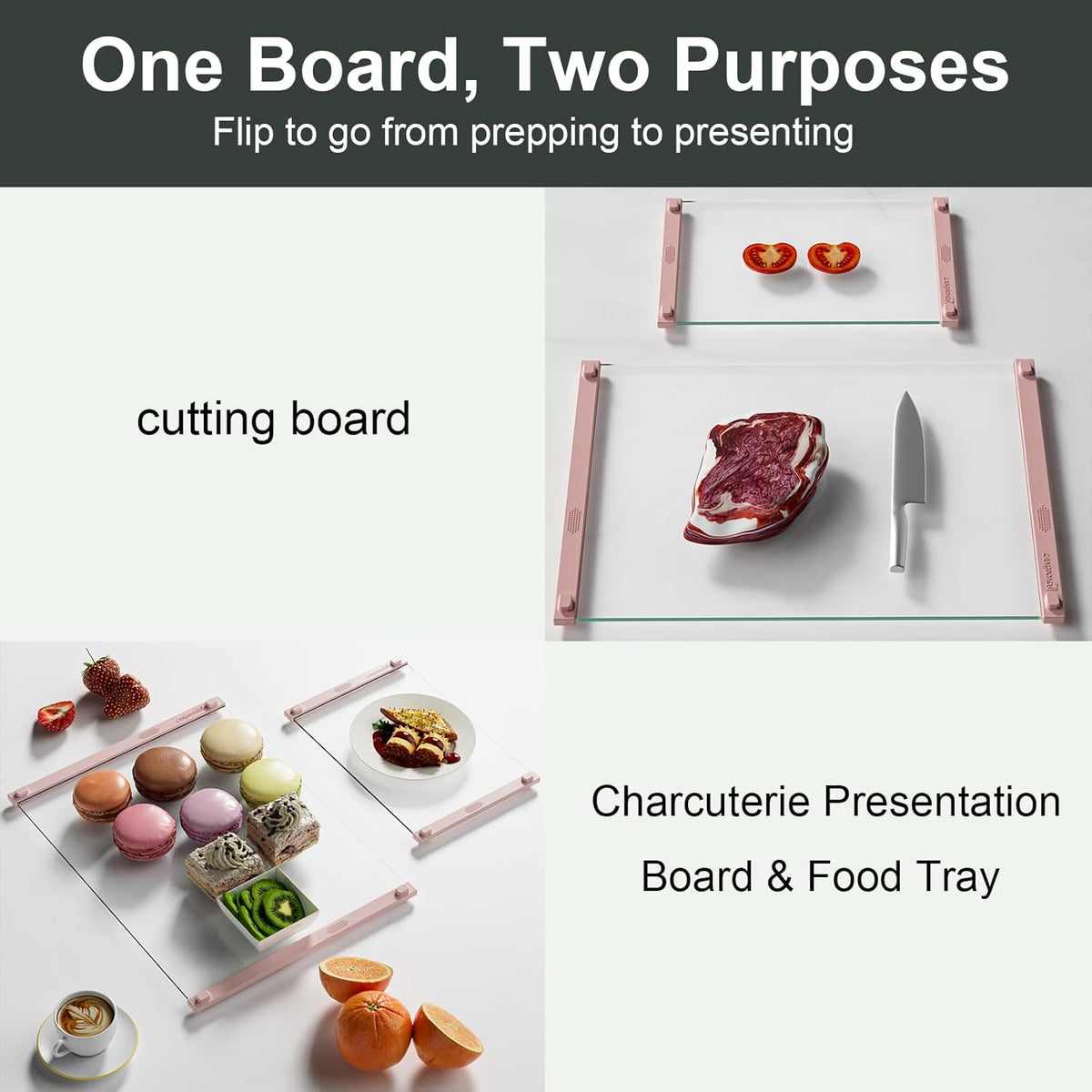 Glass Cutting Board with Silicone Grip, 80% Stronger Shatter Resistance and Slip Resistance,No Scratches/Microplastic-Free,Dishwasher Safe, Non Toxic Cutting Board for Kitchen (Pink-12 * 8"&16 * 12")