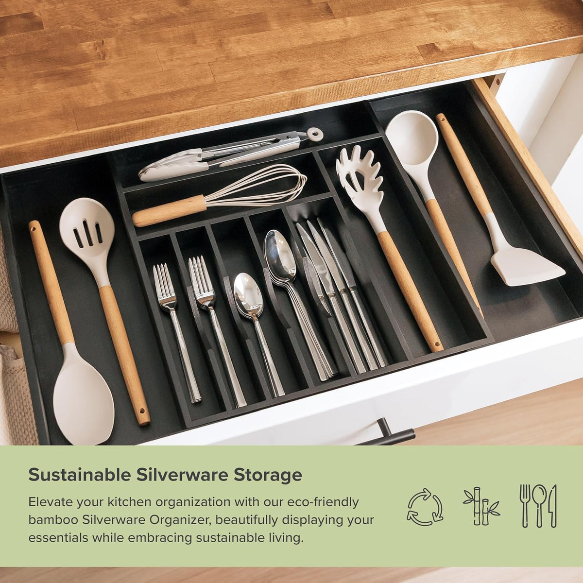 KitchenEdge Premium Silverware, Flatware and Utensil Organizer for Kitchen Drawers, Food-Safe Contract Grade, Expandable from 16 to 28 In, Black Bamboo