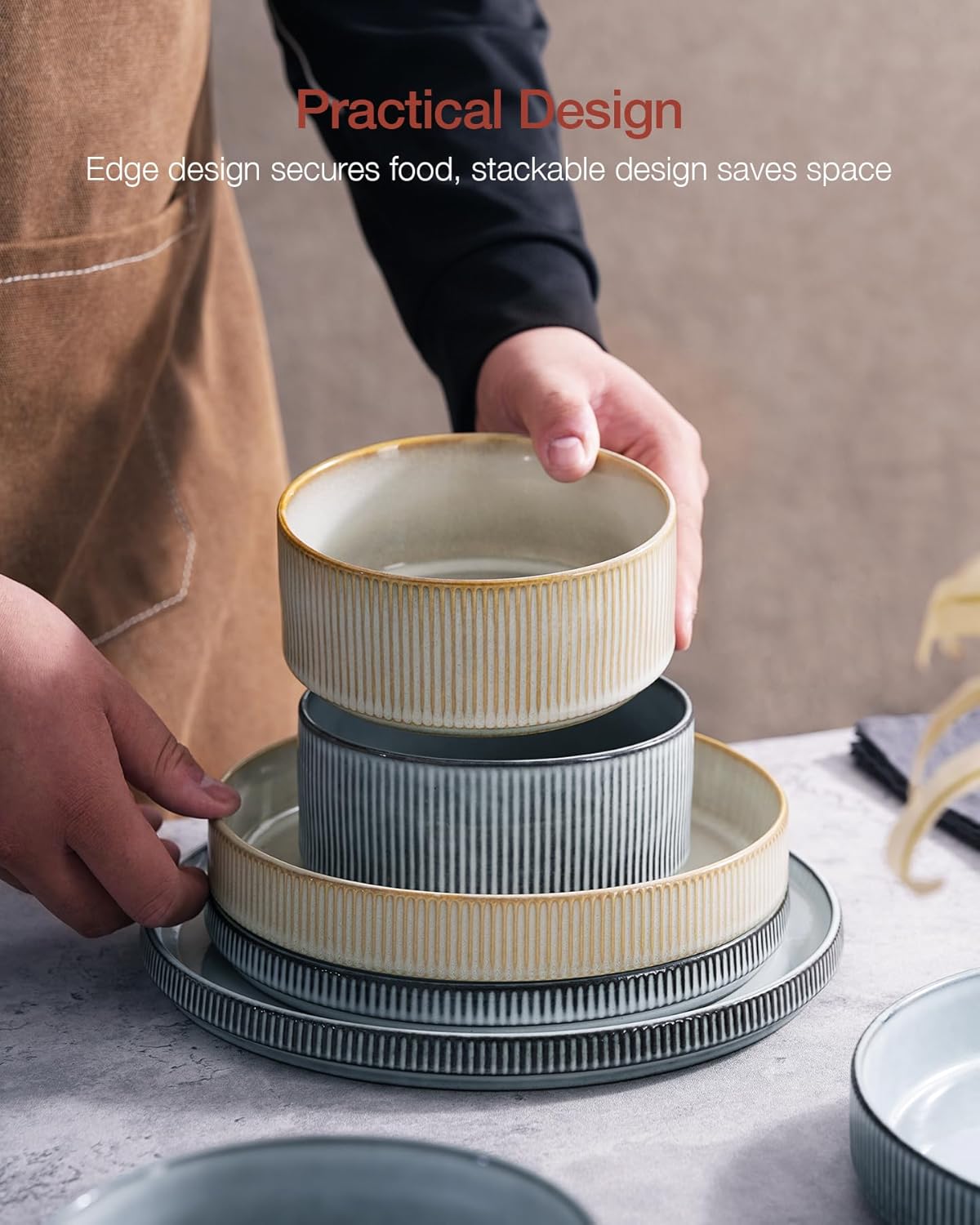 Famiware Star Dinnerware Set, Plates and Bowls Sets for 8 (24pcs), Ribbed Stoneware Dishes - Chip & Scratch Resistant, Microwave & Dishwasher Safe, Multicolor - Cappuccino White & Smoky Blue