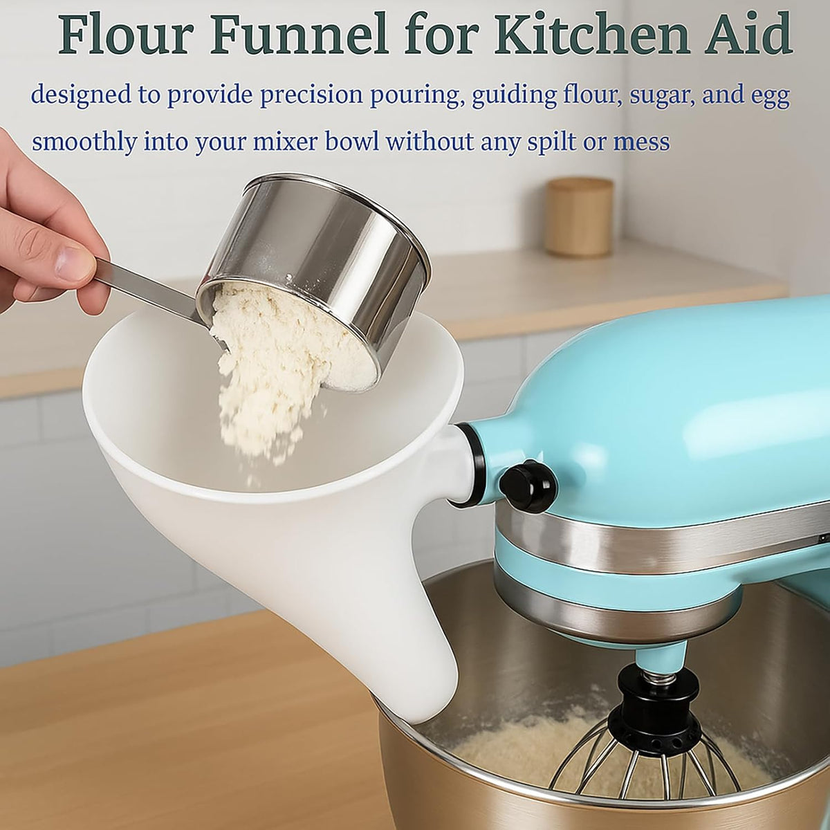 Flour Funnel for Kitchen Aid Stand Mixer, Plastic Funnel with Easy-Pour Attachment Fits KSM150 5-Quart Tilt-Head Mixers, Mess-Free Baking Accessory for Flour, Sugar, and Egg Liquid (GREEN1PCS)