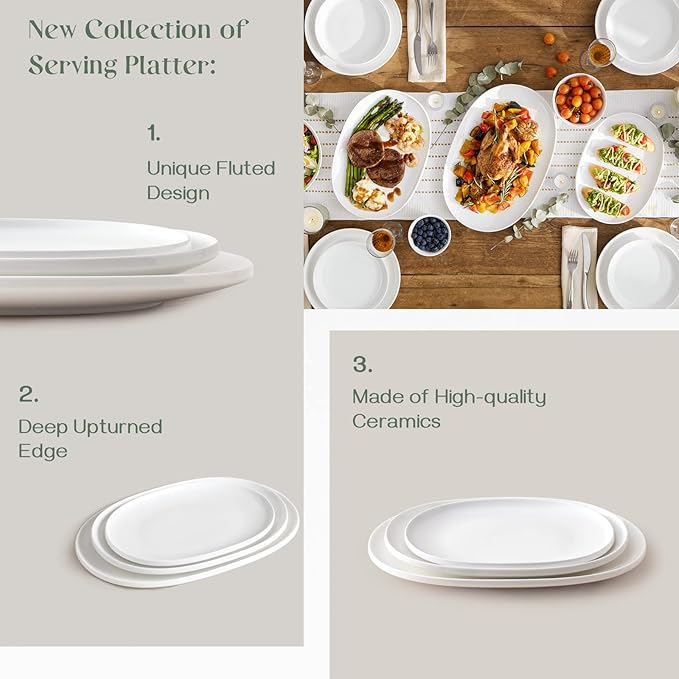 DOWAN Large Serving Platter, 16"/14"/12" Porcelain Platters for Entertaining Wedding Party, White Oval Plates Set of 3, Serving Dishes for Serving Food, Housewarming Gifts