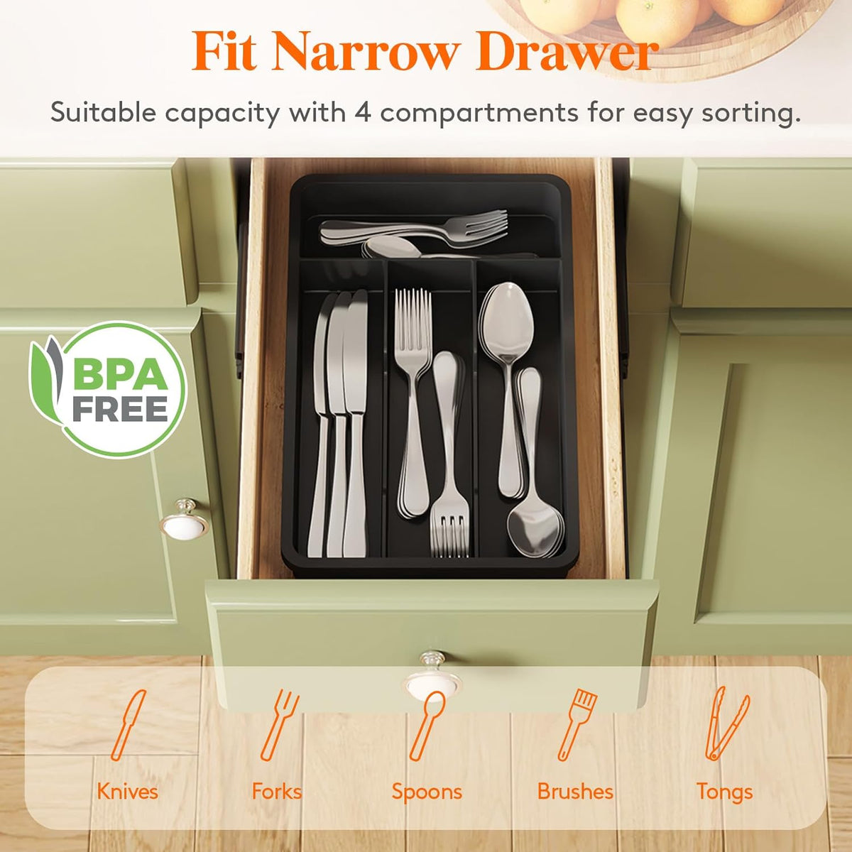 Lifewit Silverware Tray, Cutlery Drawer Organizer Storage for Kitchen, Plastic Flatware Utensil Holder Divider for Spoons Forks Knives Tableware, 4 Compartment, Black