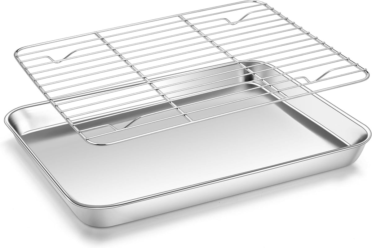 Homikit Baking Sheet with Rack, 9x13 Stainless Steel Quarter Sheet Pan with Wire Cooling Rack Set for Toaster Oven Roasting, Metal Bacon Cookie Trays Nonstick & Rust Free, Dishwasher Safe