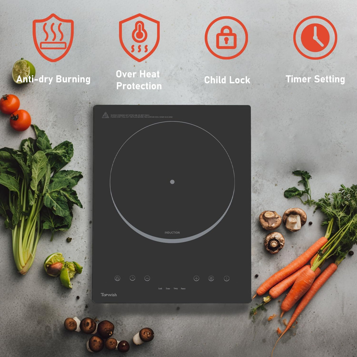 Induction Cooktop, TOPWISH Portable Hot Plate Electric Induction Burner, 10 Temp Levels up to 464°F, 110-120V Electric Stove Top Cooker with High Energy Efficiency & Kids Lock for Cooking, 1600W