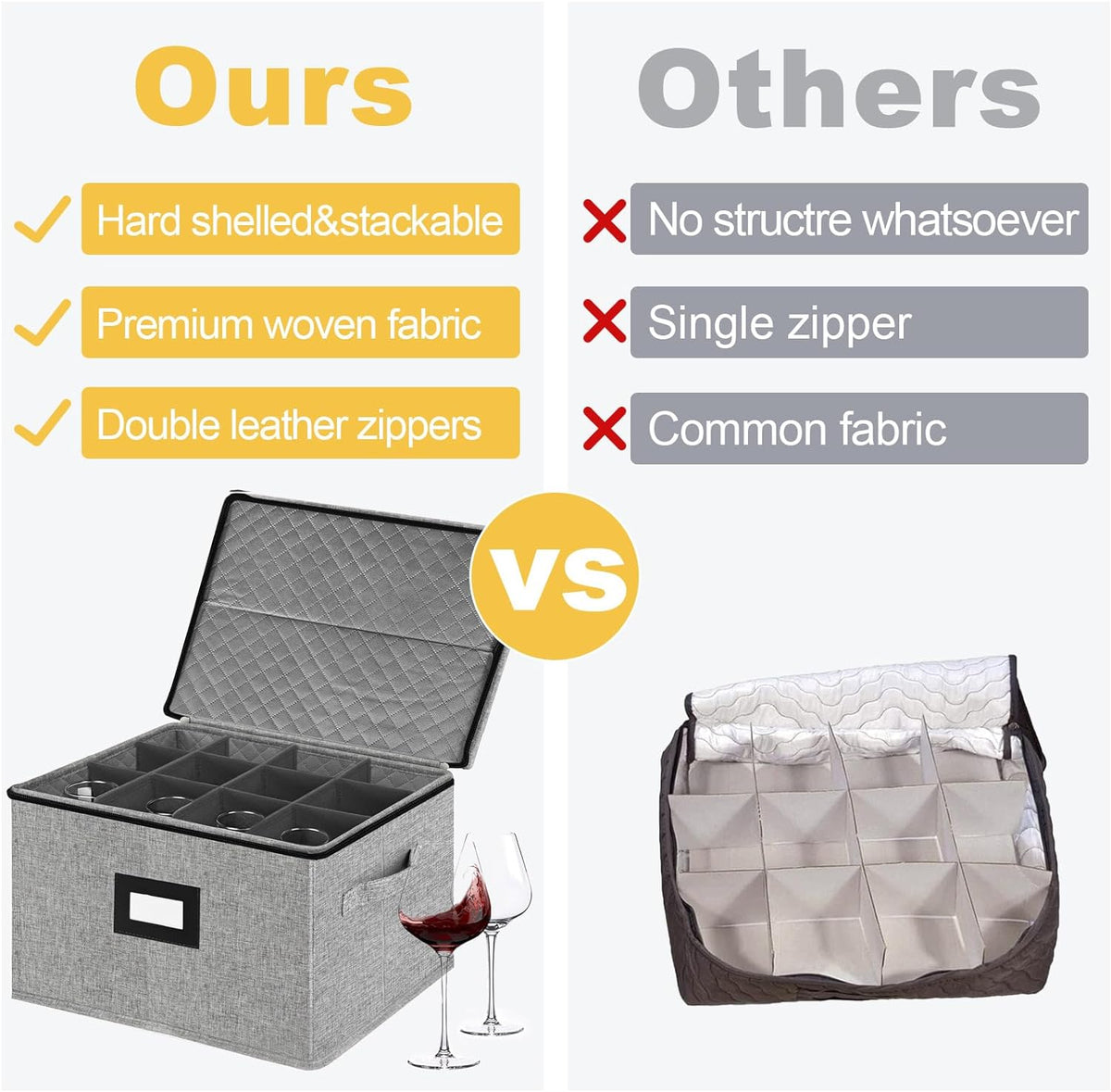 VERONLY Stemware Storage Cases,Quilted Wine glass Storage Boxes with Divider-China Storage Containers Hard Shell Holds 12 Wine Glass or Crystal Glassware Storage Containers, Stackable (Light Grey)