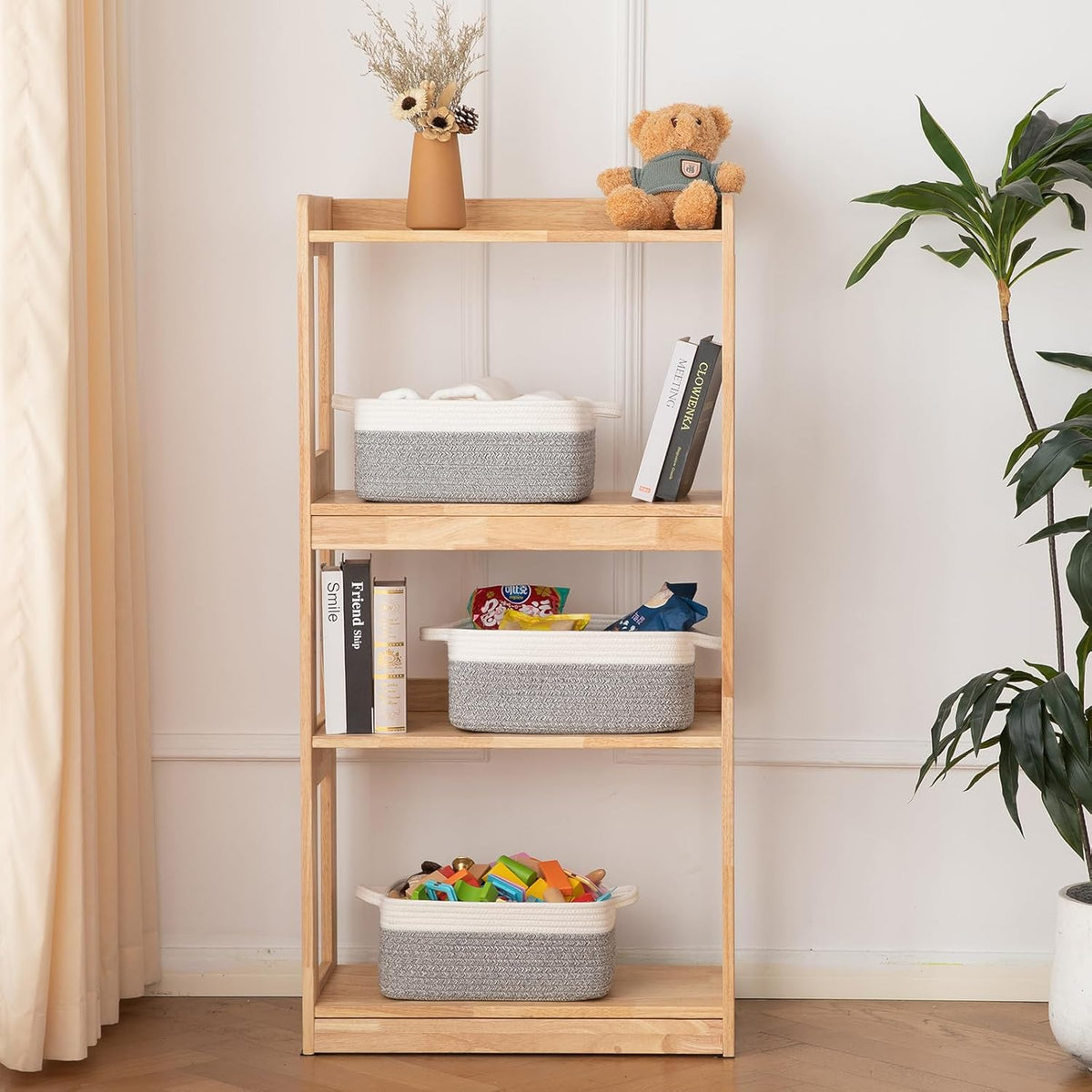 OIAHOMY 3 Pack Storage Baskets for Organizing, Woven Cotton Rope Basket for Shelves, Closet Organizer Bins with Handles, Rectangle Toy Organization, 13.78''×9.84''×5.5'', Grey & White