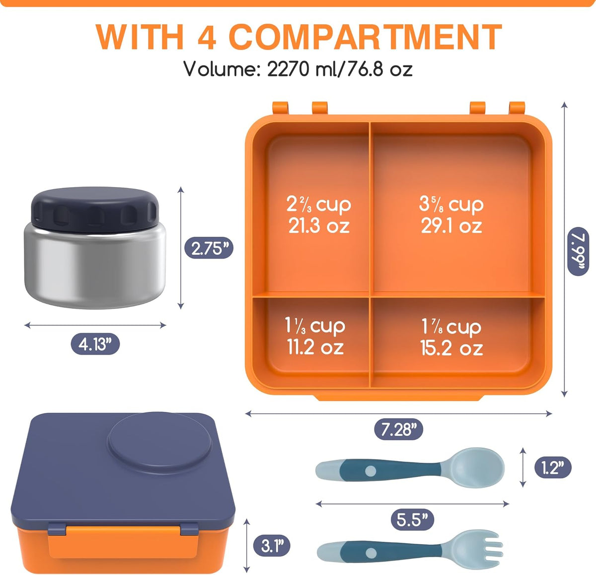 Bento Box for Kids - Leak-Proof Lunch Box with Insulated Thermos Food Jar - 4 Compartments, 1 Removable Divider, 1Spoon, 1 Fork - Dishwasher Safe, BPA-Free (Navy blue)