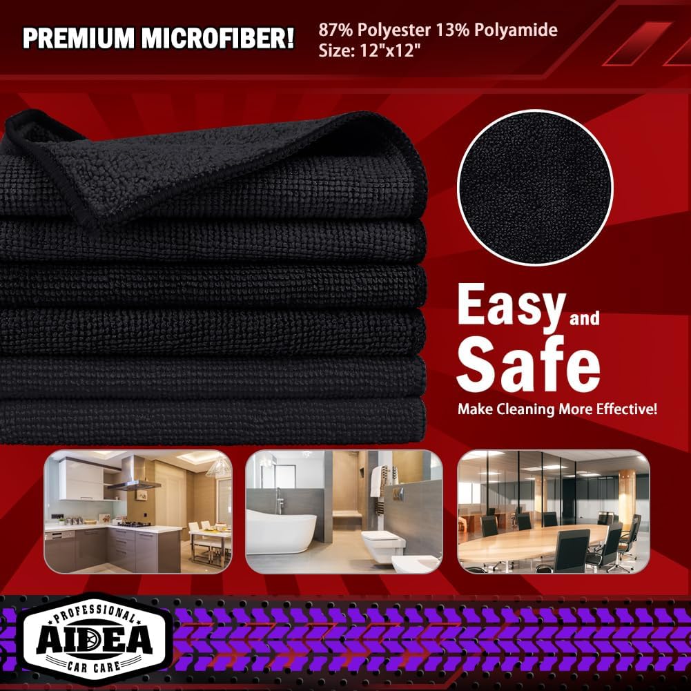 AIDEA Microfiber Cleaning Cloth Black 150PK, Microfiber Towels for Cars, Premium Car Cloths, Dusting Cloth Lint Free Cleaning Rags for SUVs, House, Kitchen, Window, Workshops,12×12"