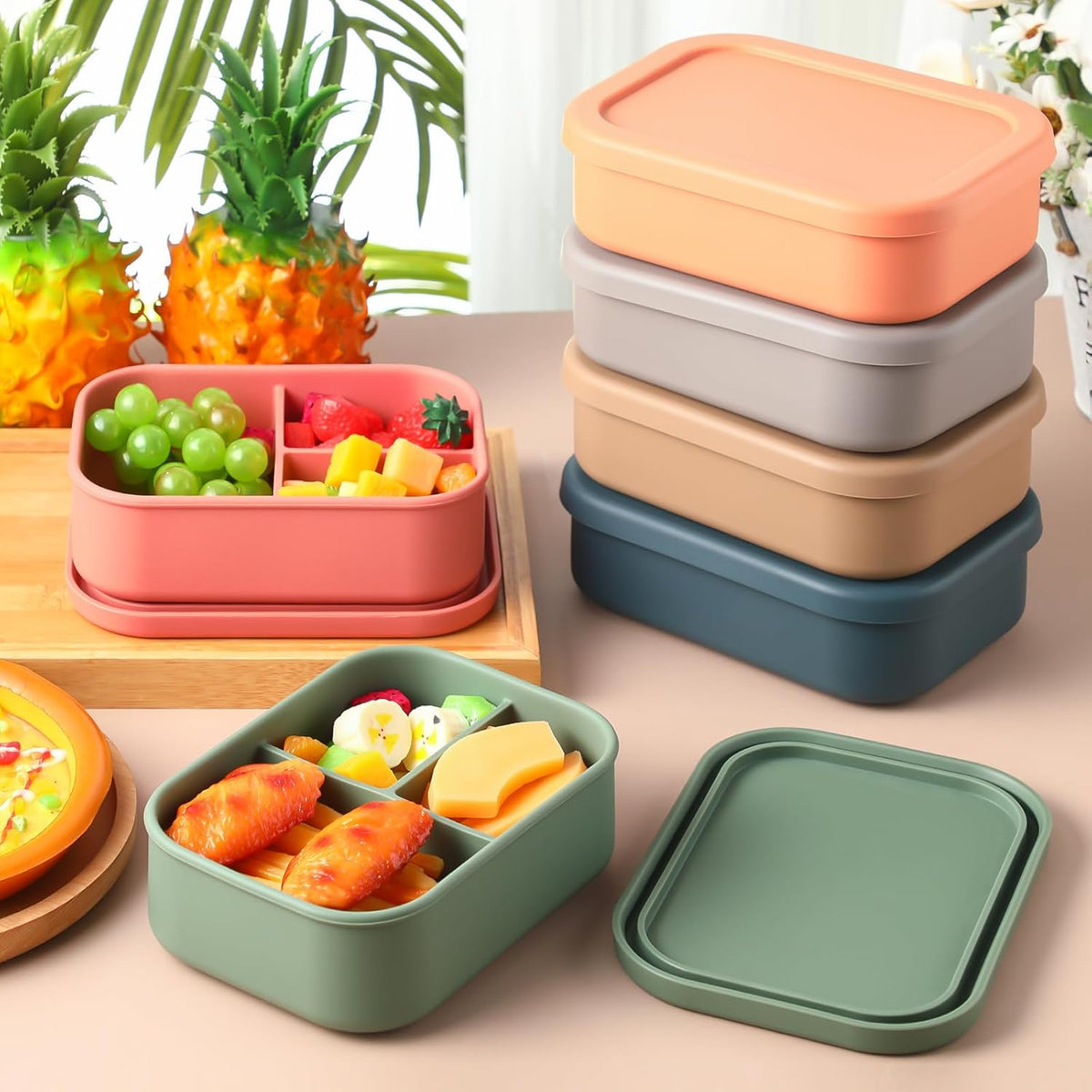 Honeydak 6 Pcs Silicone Bento Box 3 Compartment Reusable Lunch Container Smooth and Leakproof Meal Prep Lunch Box with Lid Stackable Meal Prep Container for Work Travel, 6 Colors (Classic Colors)