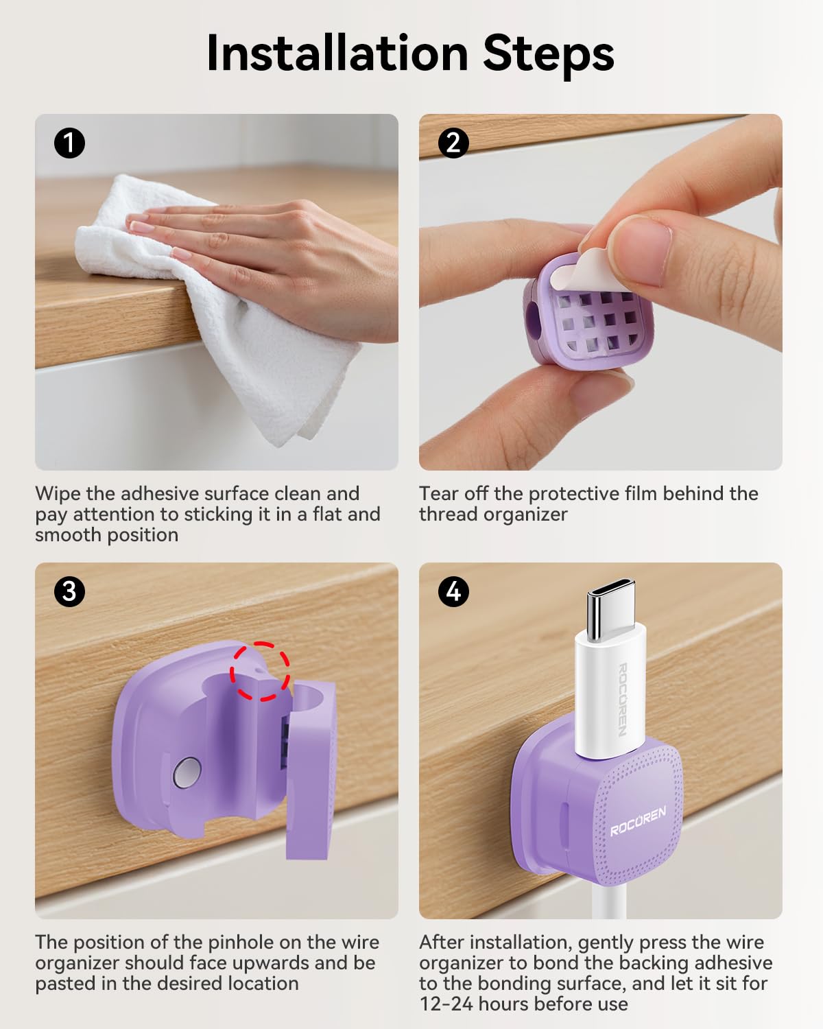 6 Pack Cable Management Cord Organizer, Magnetic Cable Clips-1s Lock, Rocoren Desk Adhesive Cord Cable Clip Wire Holder Keeper for Phone Charger Wire, Nightstand, Car, Office, Desktop Accessory,Purple