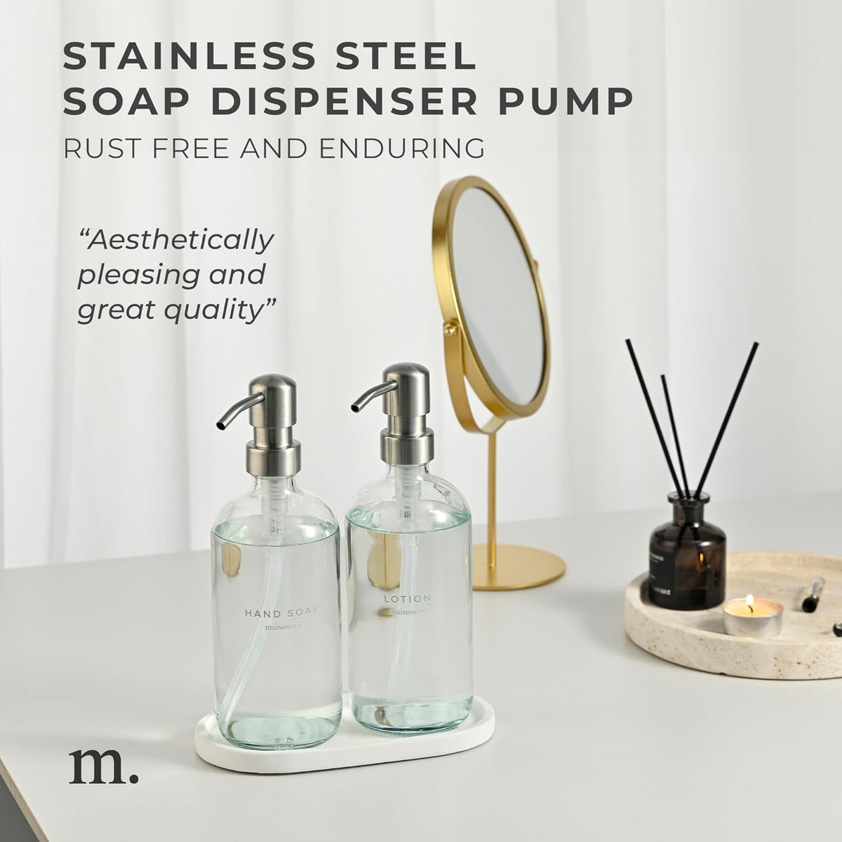 MaisoNovo Soap Dispenser 3-Piece Set | 16.9oz Clear Bottles with Silver Stainless Steel Pumps