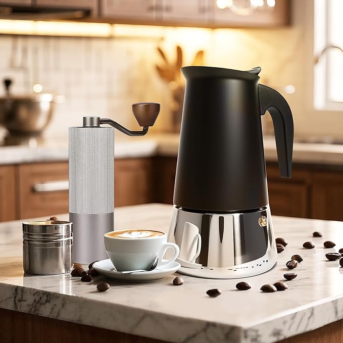 Moka Pot, 9 Cups (15.9 oz) Stovetop Espresso Maker, 304 Stainless Steel Moka Pot, Induction Compatible, Black