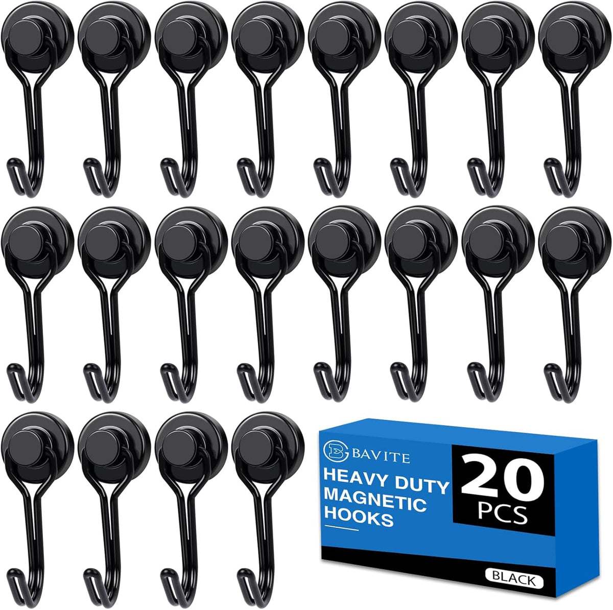 E BAVITE Swivel Swing Magnetic Hooks,30LB（20pack） Black Refrigerator Magnet Hook,Strong Neodymium Magnets Perfect for Refrigerator and Other Surfaces, 60mm(2.36In) in Length