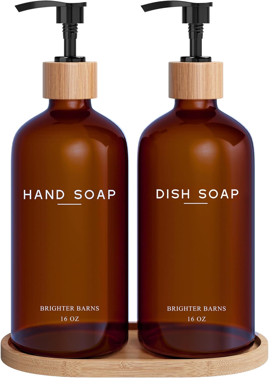 Amber Glass Hand and Dish Soap Dispenser Set by Brighter Barns - Kitchen Soap Dispenser Set with Tray - Bamboo Pump Bottles for Kitchen Sink - Modern Home Decor, Neutral Decor for Airbnb, Gift (Amber)