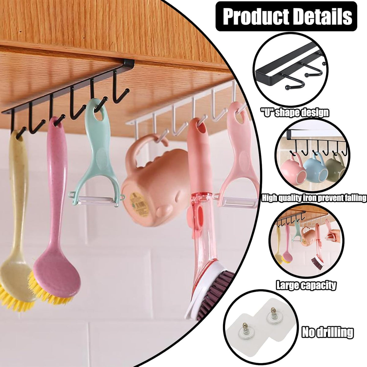 6PCS Mug Hooks Under Cabinet,Mug Holder Under Shelf,Coffee Cups Holder Hanger with 6 Hooks for Kitchen Utensils,Fit for 0.95 inch Thickness or Less,Drilling Free (Black)