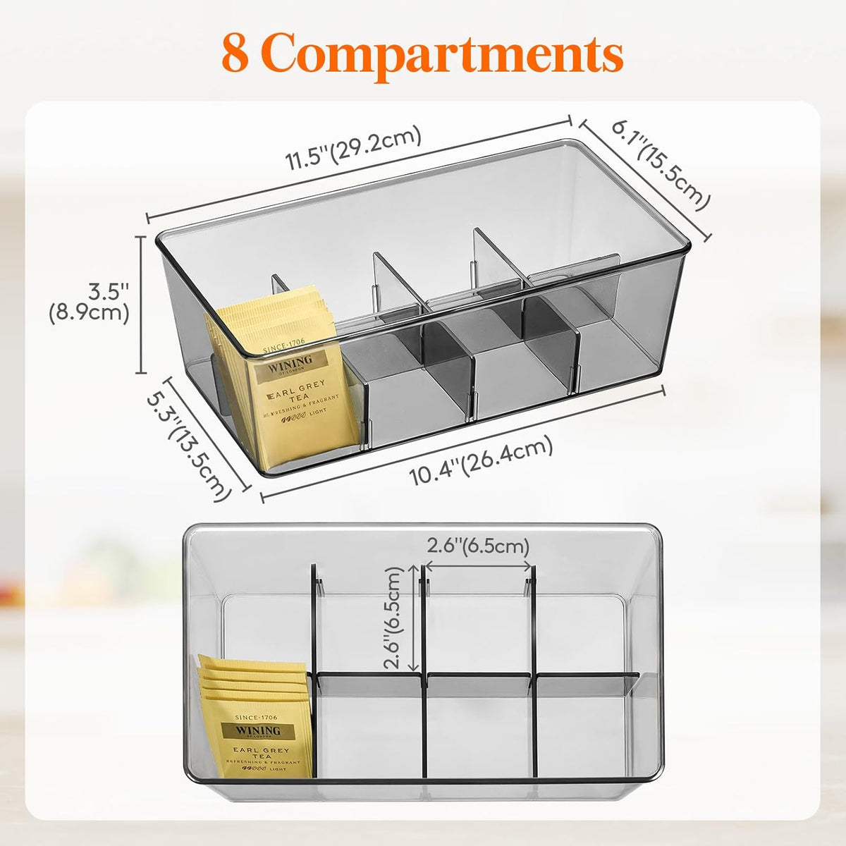 Lifewit Plastic Black Tea Bag Organizer, Divided Storage Bin Box with 8 Compartments, Holds Coffee Pods, Sugar Packets, Condiments, Snacks for Countertop, Cabinet, 2 Pack